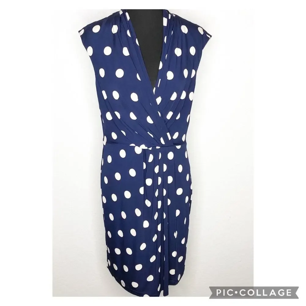 Eliza J navy blue cream tan polka dot faux wrap dress size 14